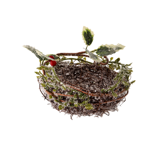 Frosted Twig Nest w/Holly Clip - The Sandy Santa