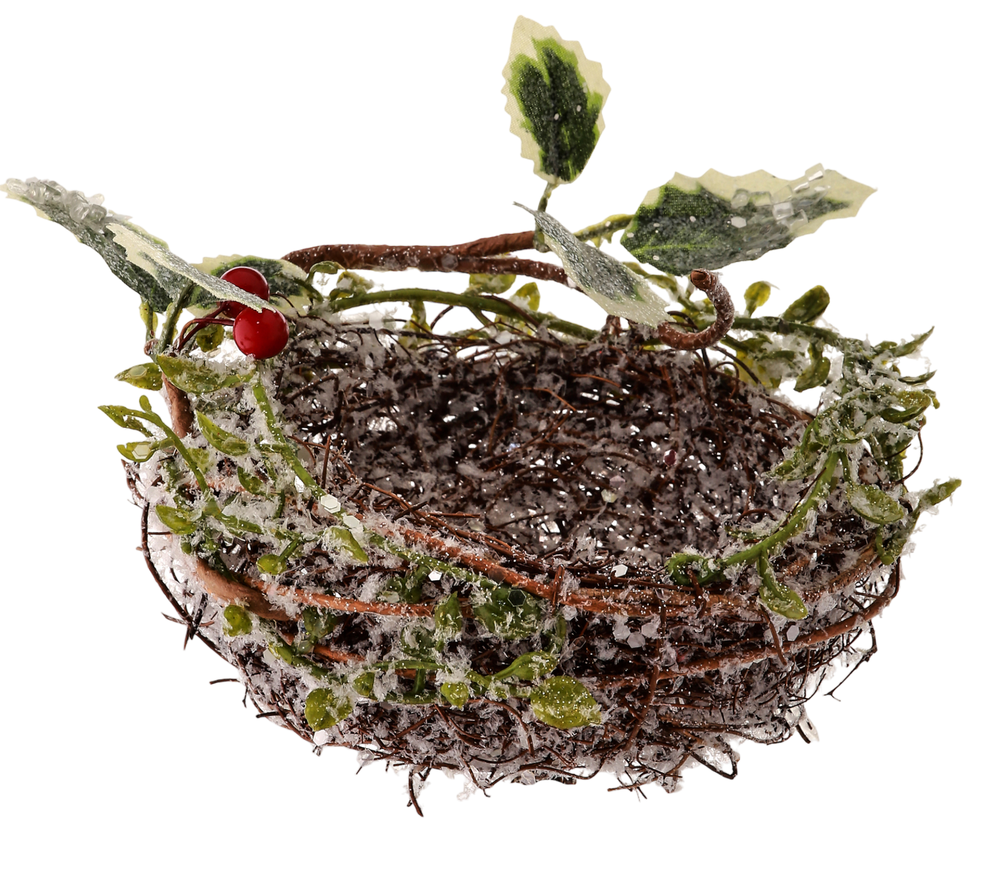 Frosted Twig Nest w/Holly Clip - The Sandy Santa
