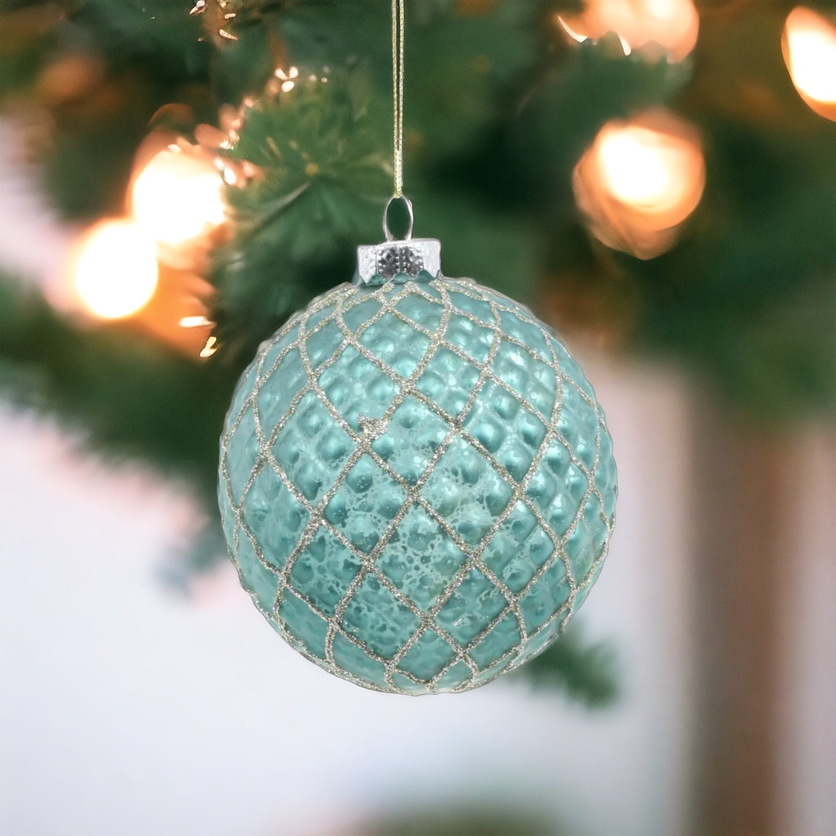 Aqua Ridged Ball Ornament - The Sandy Santa