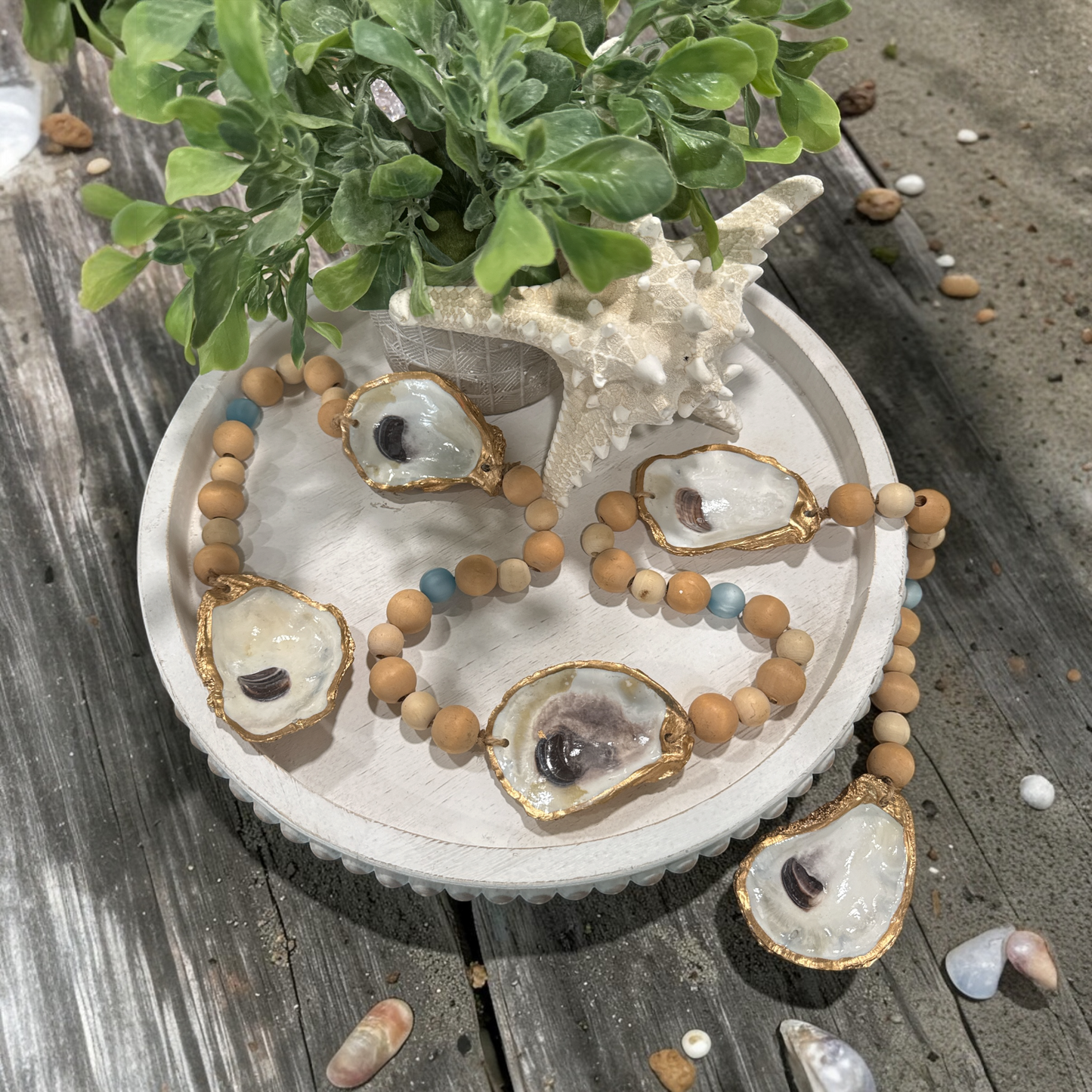Oyster Shell Garland - Wooden/blue beads