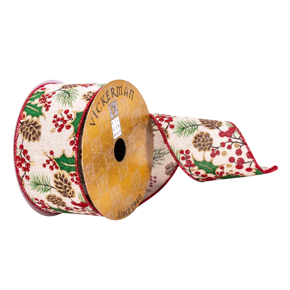 Cream Pinecone and Holly Berry Ribbon - The Sandy Santa