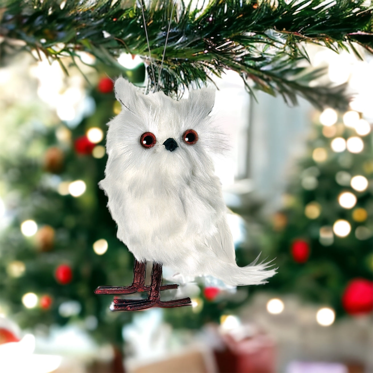 Hanging White Feather Owl - The Sandy Santa