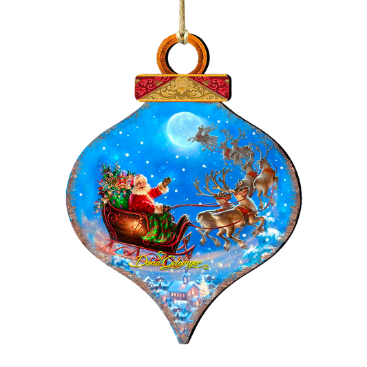 Santa-Magical-Flight Wood Ornament - The Sandy Santa
