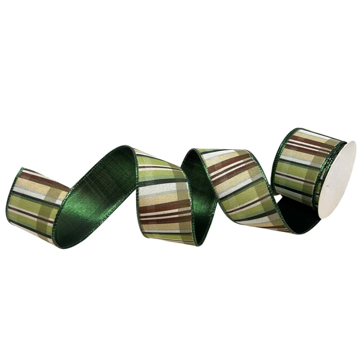 Green Ribbon w/ Brown Plaid Emerald Edge/Back 2.5" x 10yd - The Sandy Santa