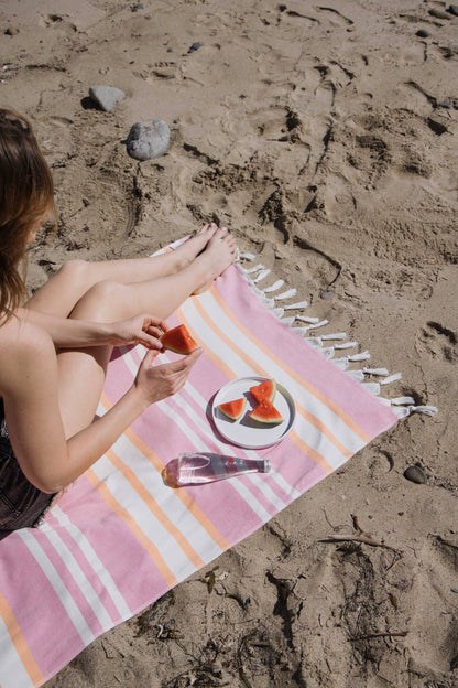 Cove Striped Turkish Towel with Soft Terry Cloth Back in Pink & Orange - The Sandy Santa