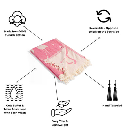 Flamingo Cotton Peshtemal Turkish Beach Towel, Pink - The Sandy Santa