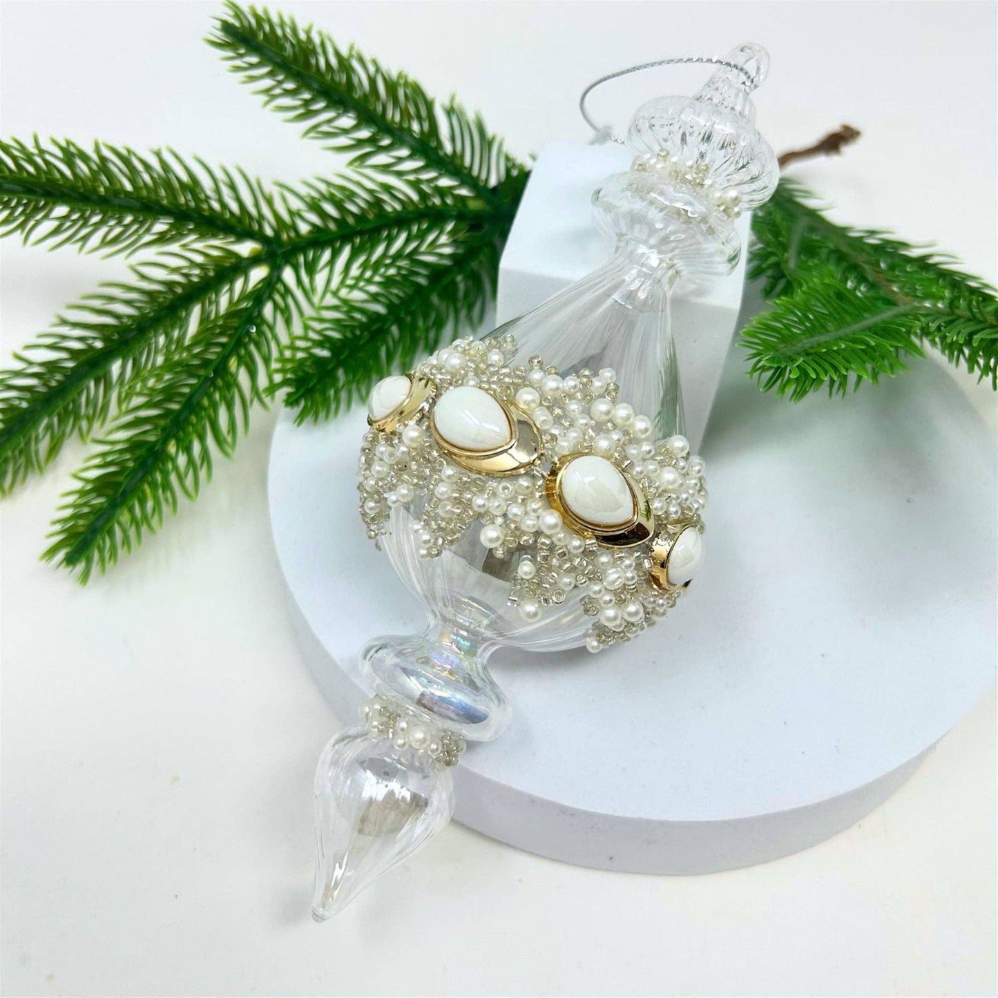 Clear Glass Pearl Bead Finial - The Sandy Santa