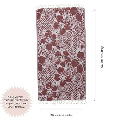 Hawaiian Flower Reversible Cotton Turkish Towel, Red - The Sandy Santa