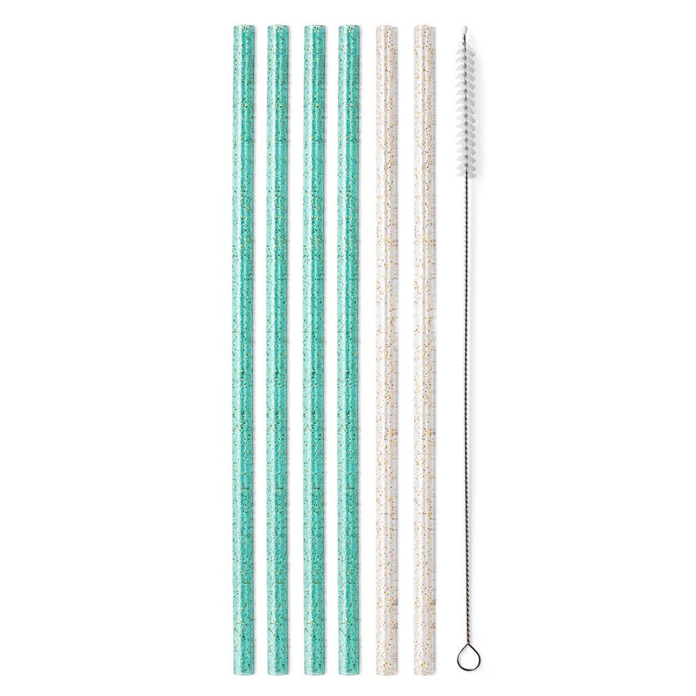 Glitter Clear + Aqua Reusable Straw Set - The Sandy Santa