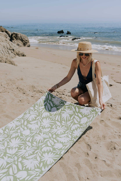 Whimsical Flower Cotton Turkish Back or Beach Towel, Olive - The Sandy Santa