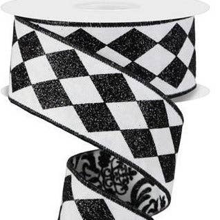 Black & white damask/harlequin ribbon - The Sandy Santa