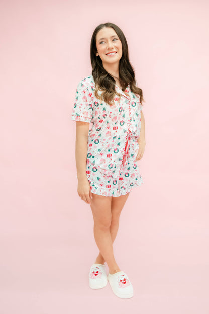 Santa's Sugarplum Social Christmas Pajama Set Ruffle Shorts