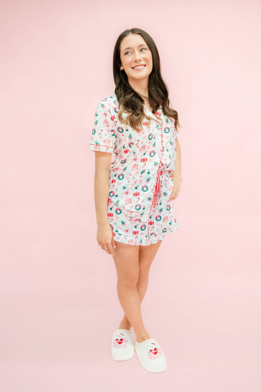 Santa's Sugarplum Social Christmas Pajama Set Ruffle Shorts