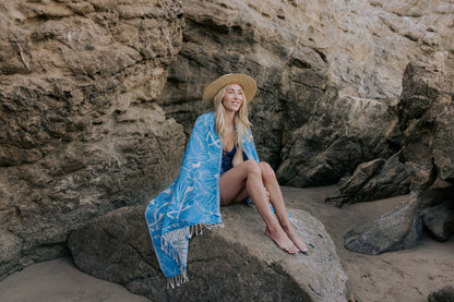 Tropical Flamingo Cotton Turkish Towel Peshtemal, Blue - The Sandy Santa