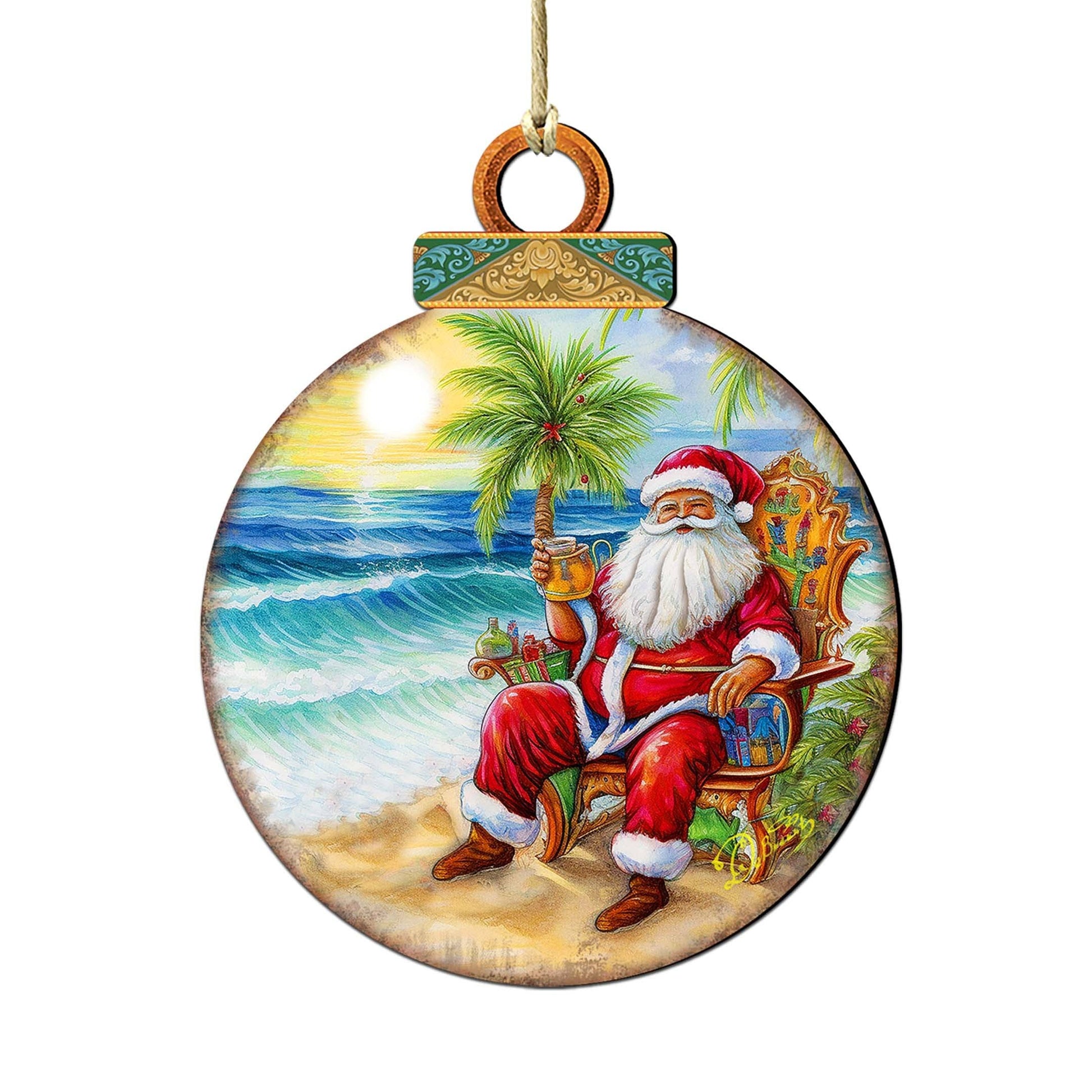 Coastal Sunset with Santa Wooden Ornament - The Sandy Santa