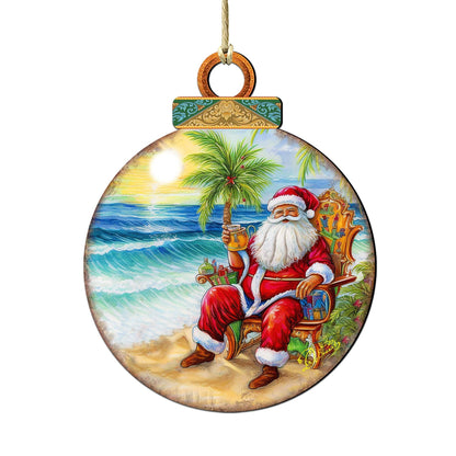 Coastal Sunset with Santa Wooden Ornament - The Sandy Santa