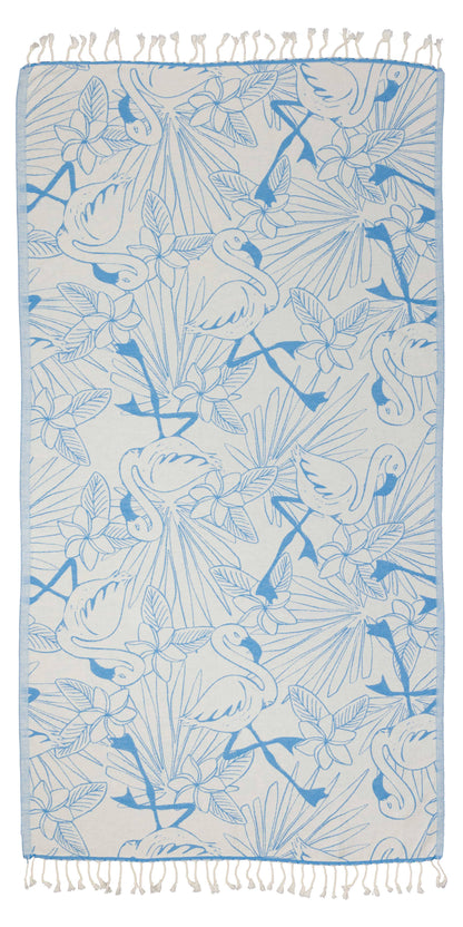 Tropical Flamingo Cotton Turkish Towel Peshtemal, Blue - The Sandy Santa