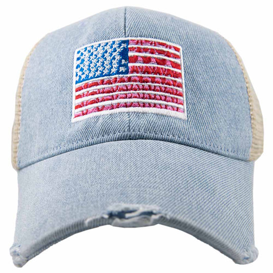 American Flag Denim Trucker Hat - The Sandy Santa