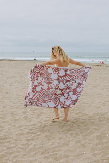 Hawaiian Flower Reversible Cotton Turkish Towel, Red - The Sandy Santa