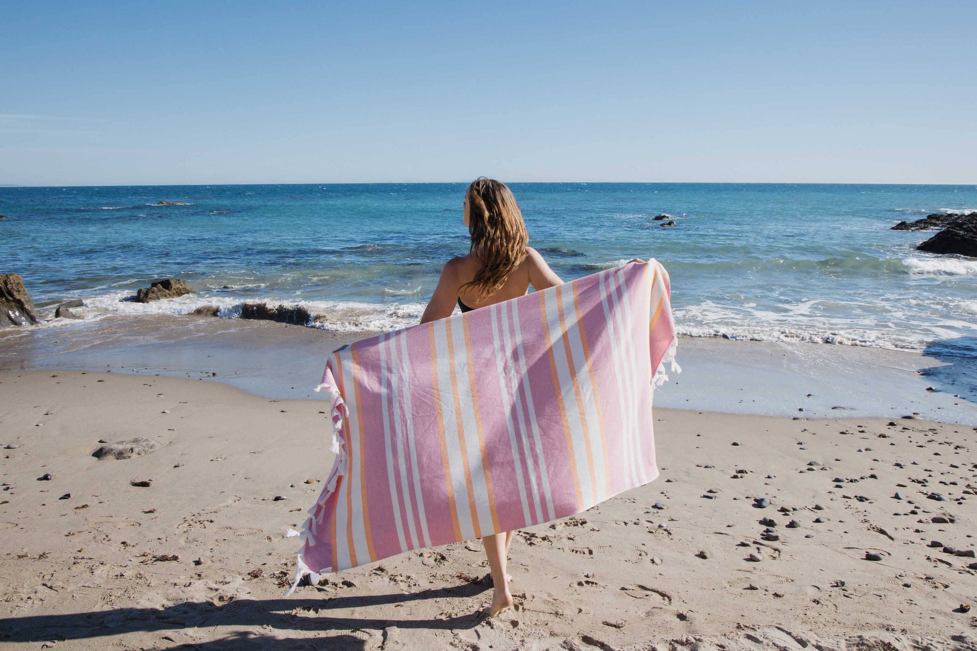 Cove Striped Turkish Towel with Soft Terry Cloth Back in Pink & Orange - The Sandy Santa