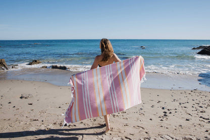 Cove Striped Turkish Towel with Soft Terry Cloth Back in Pink & Orange - The Sandy Santa