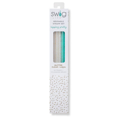 Glitter Clear + Aqua Reusable Straw Set - The Sandy Santa