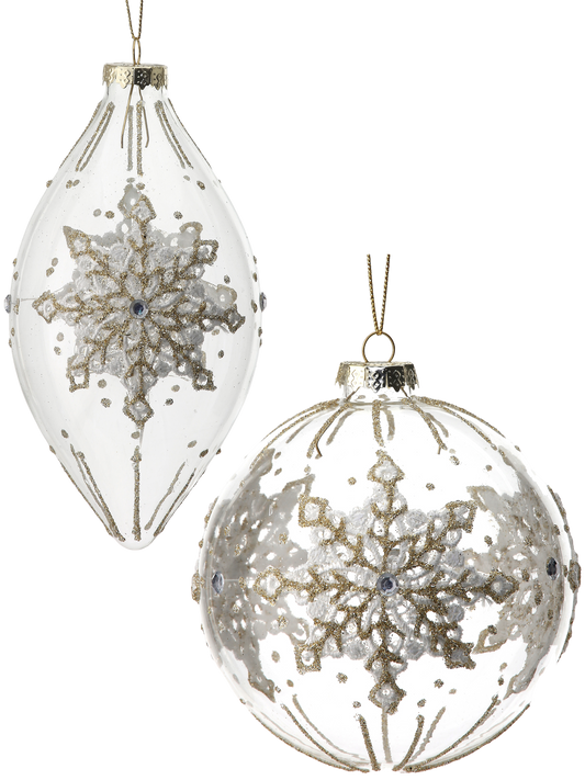 Glass Lace Snowflake Ball/Finial Ornament S/2 - The Sandy Santa