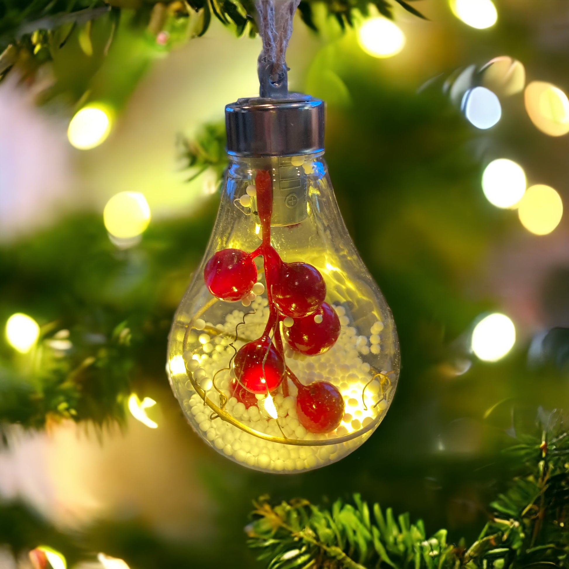 LED Lightbulb Ornament w/Berries - The Sandy Santa