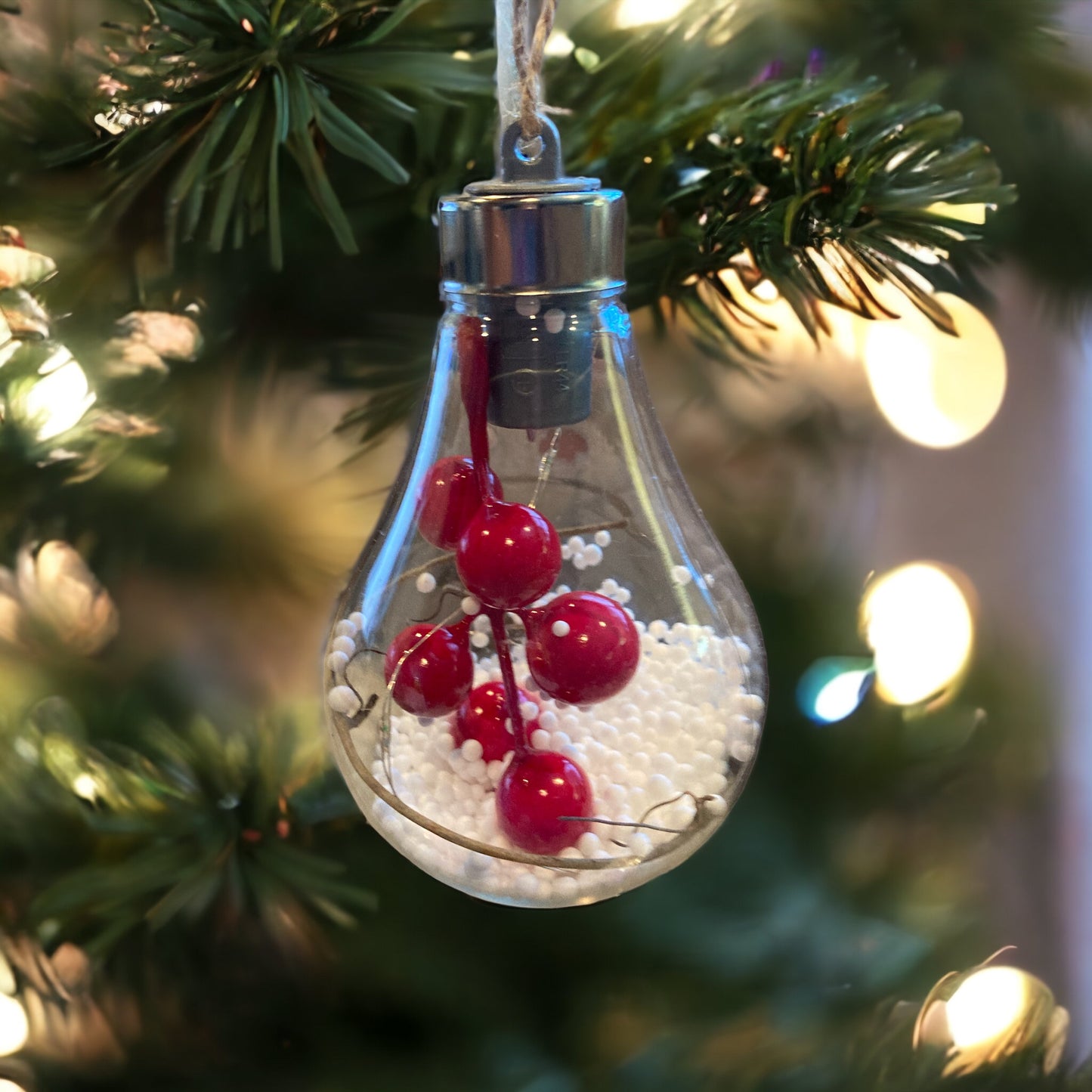 LED Lightbulb Ornament w/Berries - The Sandy Santa