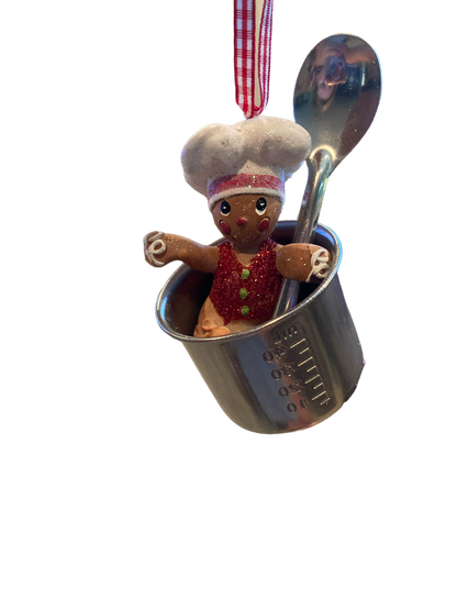 Resin Gingerbread Ornament, Measuring Cup - The Sandy Santa