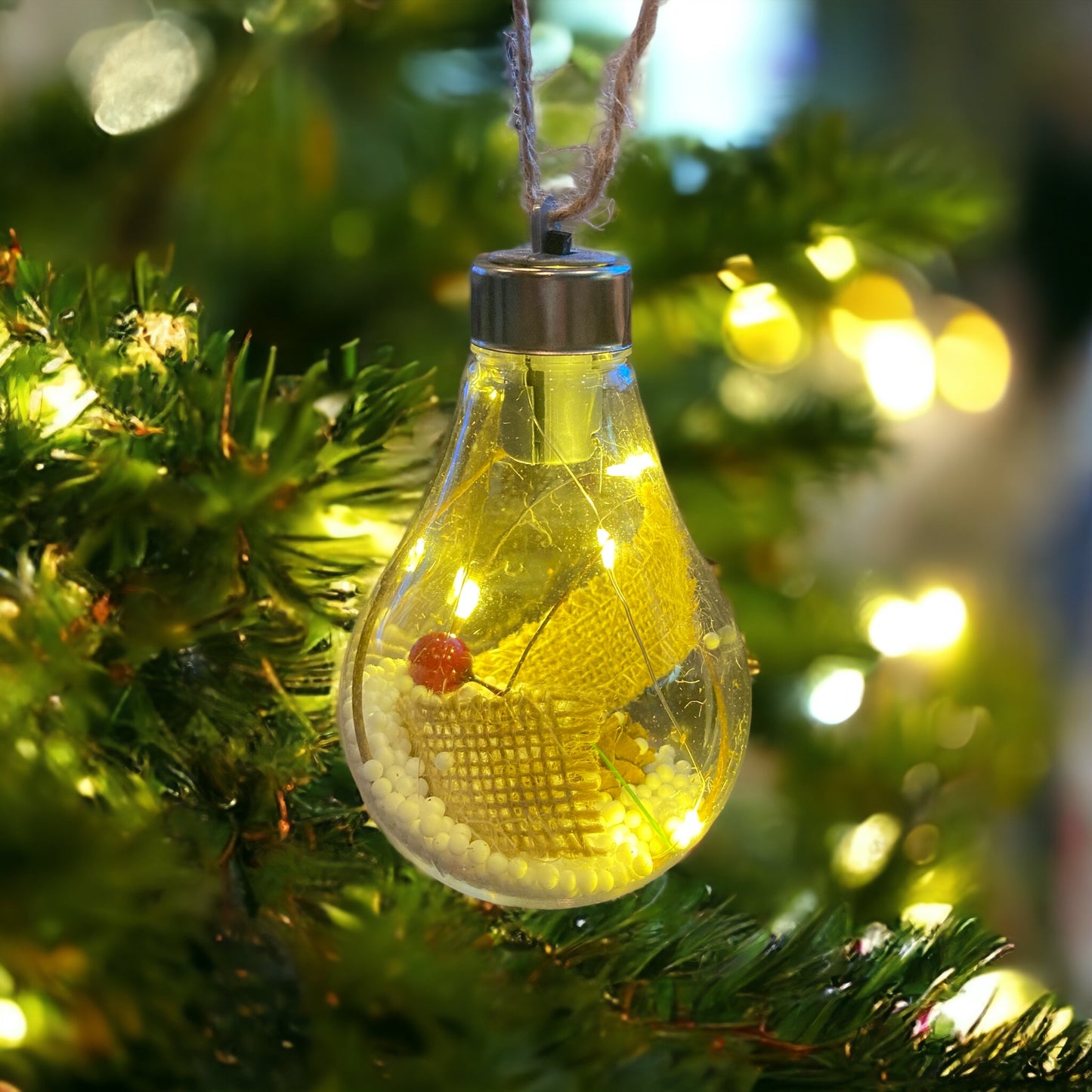 LED Lightbulb Ornament w/Berries & Burlap - The Sandy Santa