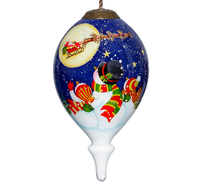 Snowman Watching Santa Glass Hanging Ornament