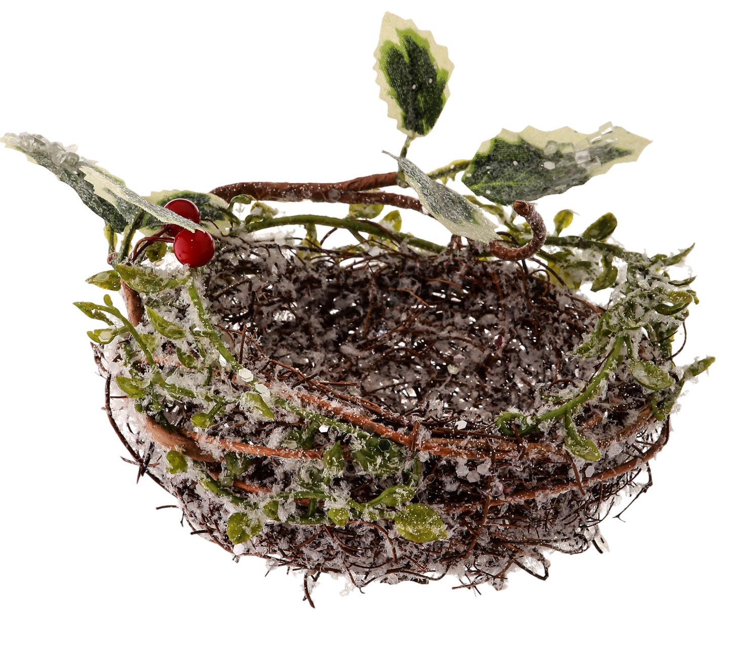 Frosted Twig Nest w/Holly Clip