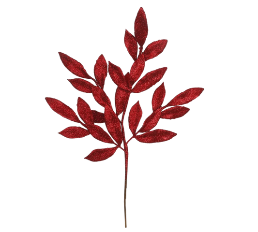 Red Glitter Bay Leaf Spray - The Sandy Santa