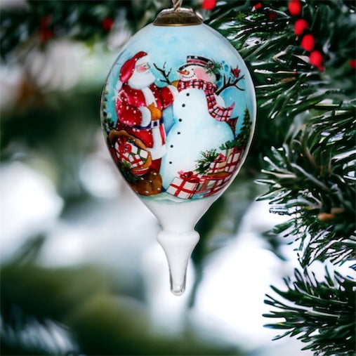 Santa and Snowman Glass Hanging Ornament - The Sandy Santa