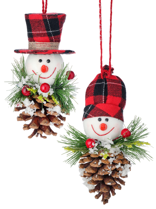 Snowman Head on Pine Cone Ornament S/2 - NEW - The Sandy Santa