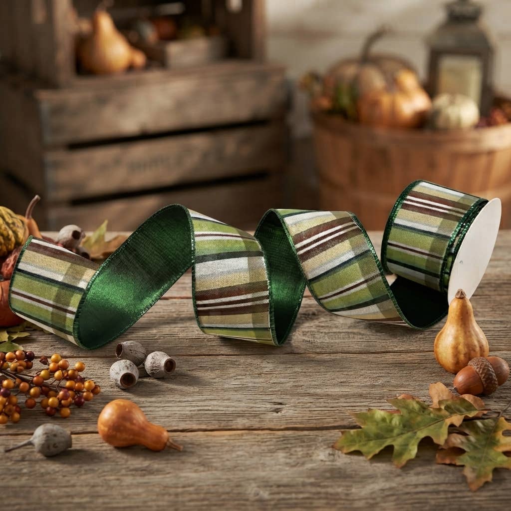 Green Ribbon w/ Brown Plaid Emerald Edge/Back 2.5" x 10yd - The Sandy Santa
