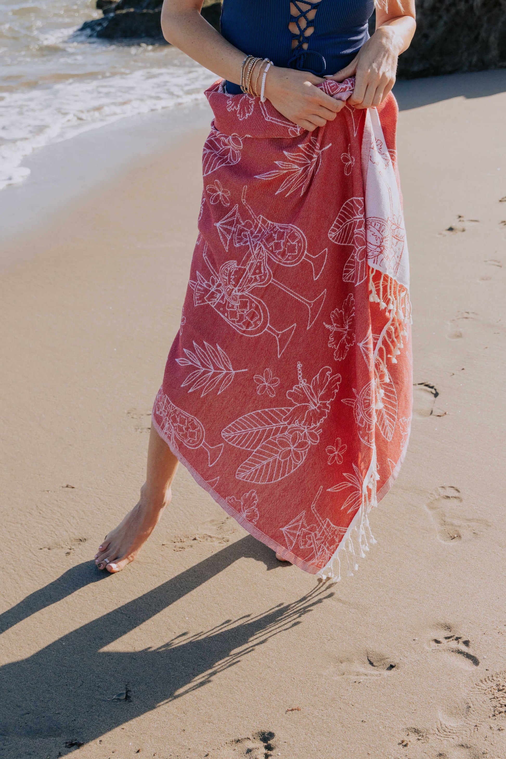 Tropical Drink Organic Cotton Turkish Beach Towel, Red - The Sandy Santa