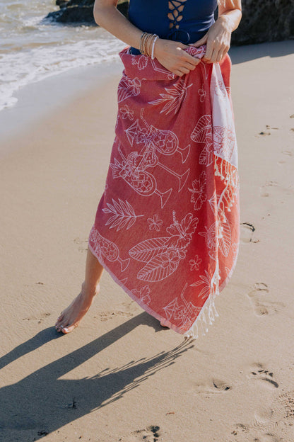 Tropical Drink Organic Cotton Turkish Beach Towel, Red - The Sandy Santa