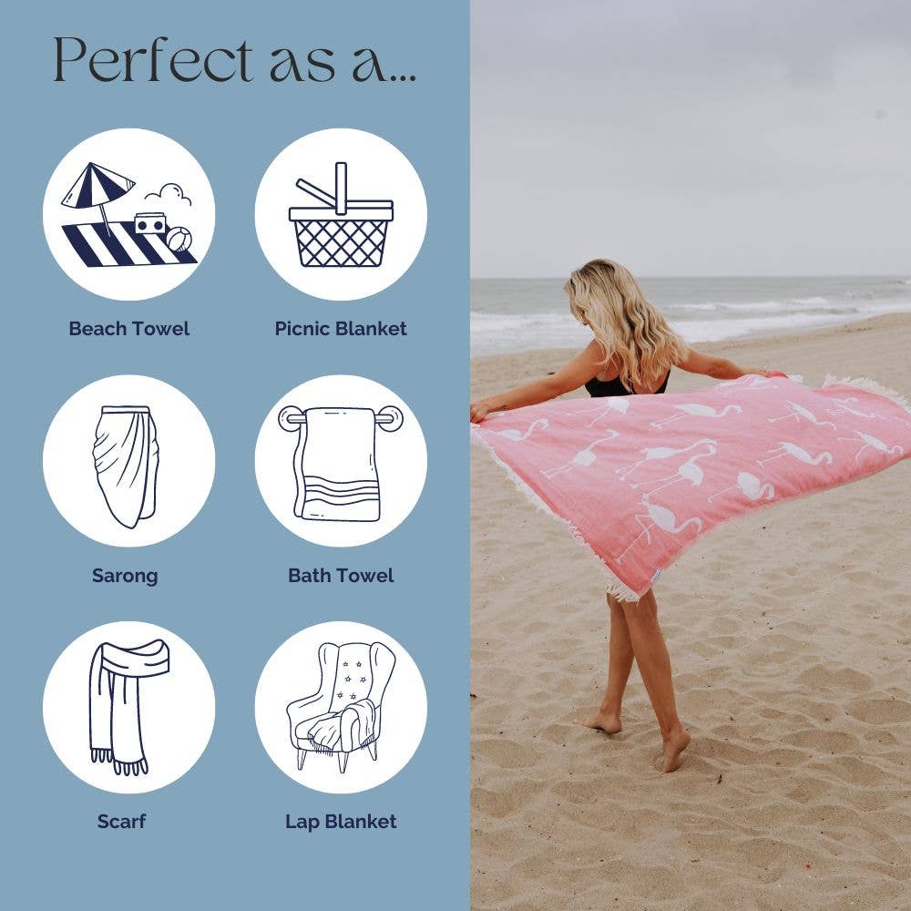 Flamingo Cotton Peshtemal Turkish Beach Towel, Pink - The Sandy Santa
