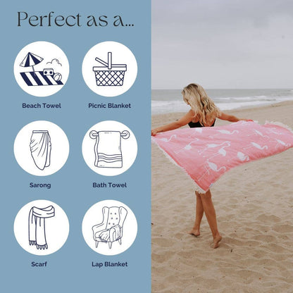 Flamingo Cotton Peshtemal Turkish Beach Towel, Pink - The Sandy Santa