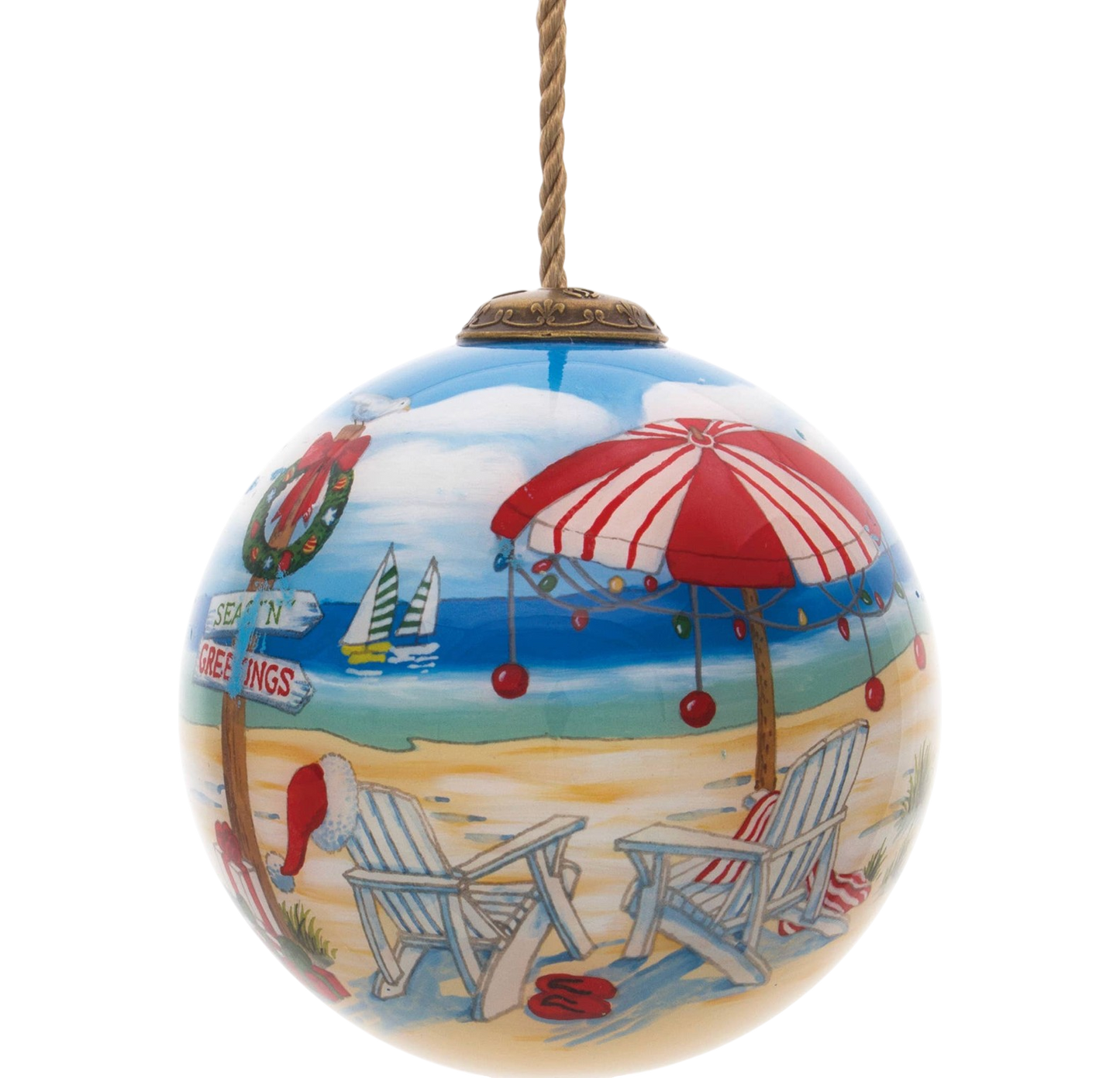 Holiday Beach Sign Glass Hanging Ornament - The Sandy Santa