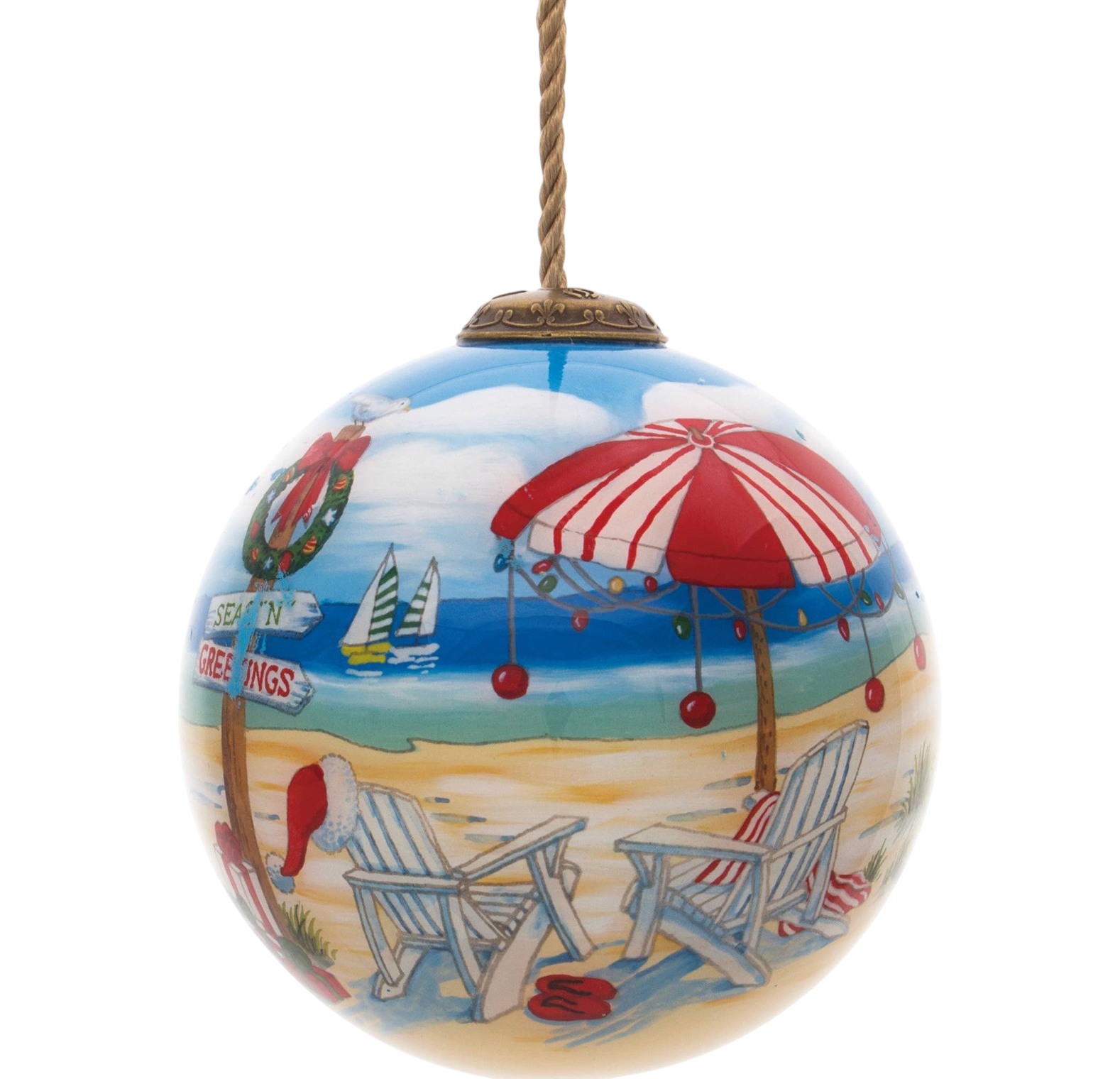 Holiday Beach Sign Glass Hanging Ornament - The Sandy Santa