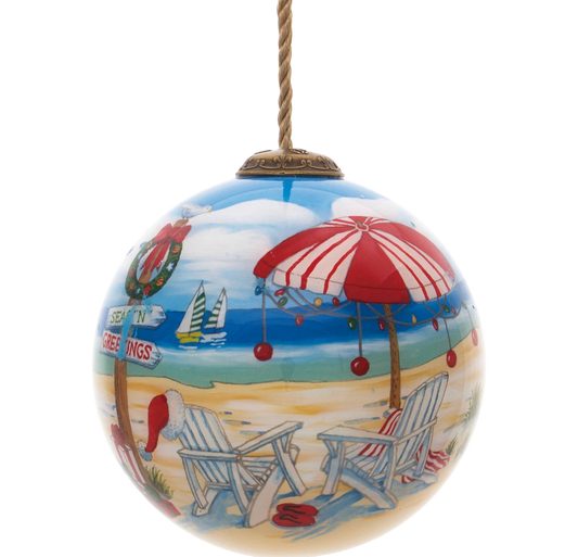 Holiday Beach Sign Glass Hanging Ornament - The Sandy Santa