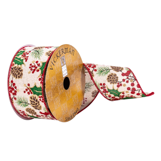 Cream Pinecone and Holly Berry Ribbon - The Sandy Santa