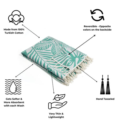 Hawaiian Flower Reversible Cotton Turkish Towel, Mint - The Sandy Santa