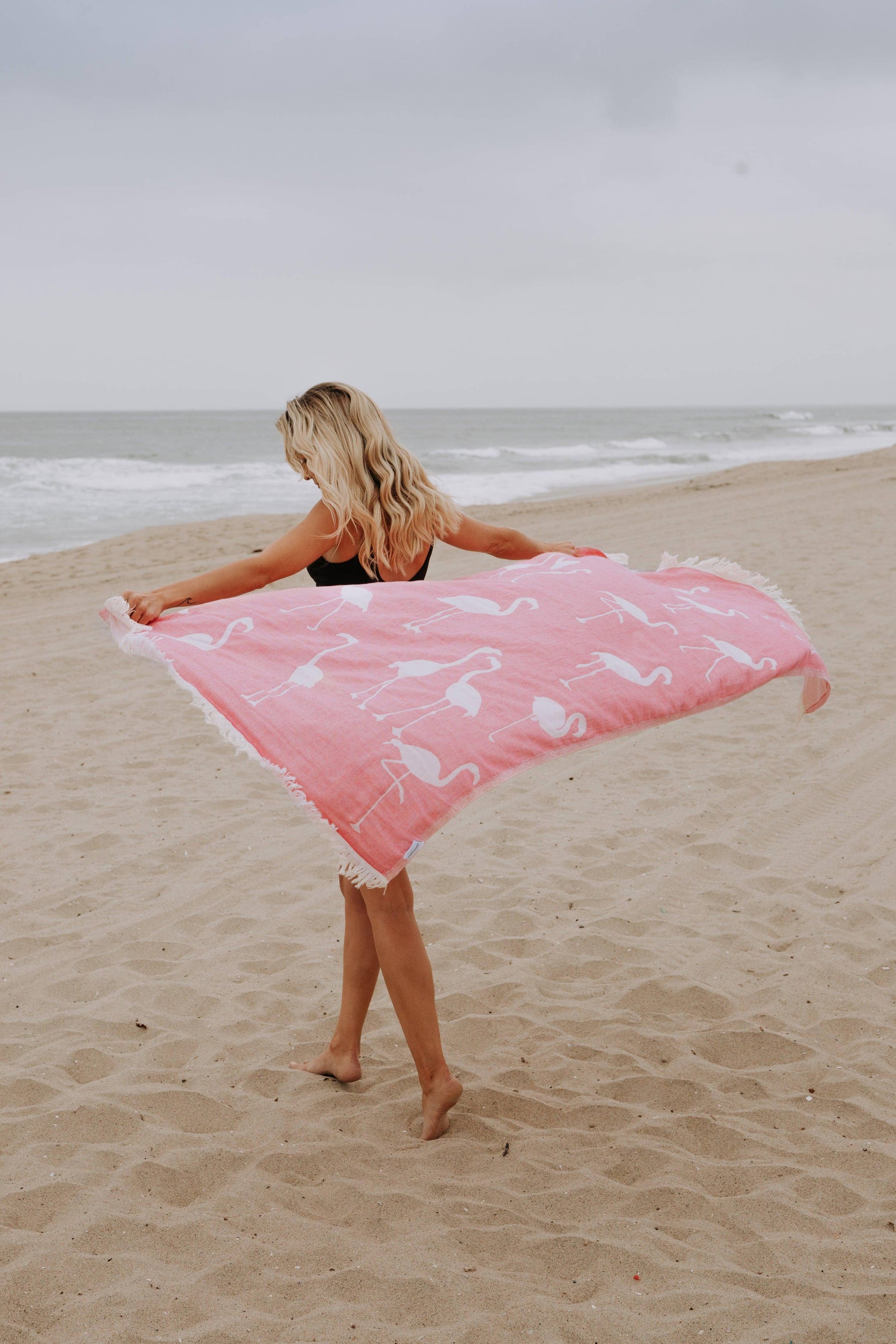 Flamingo Cotton Peshtemal Turkish Beach Towel, Pink - The Sandy Santa