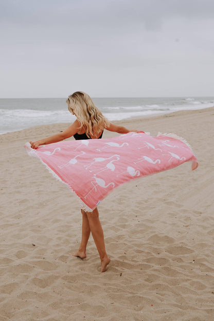 Flamingo Cotton Peshtemal Turkish Beach Towel, Pink - The Sandy Santa