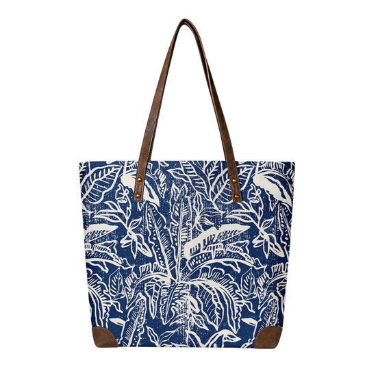Lush Indigo Floral Canvas Tote - The Sandy Santa