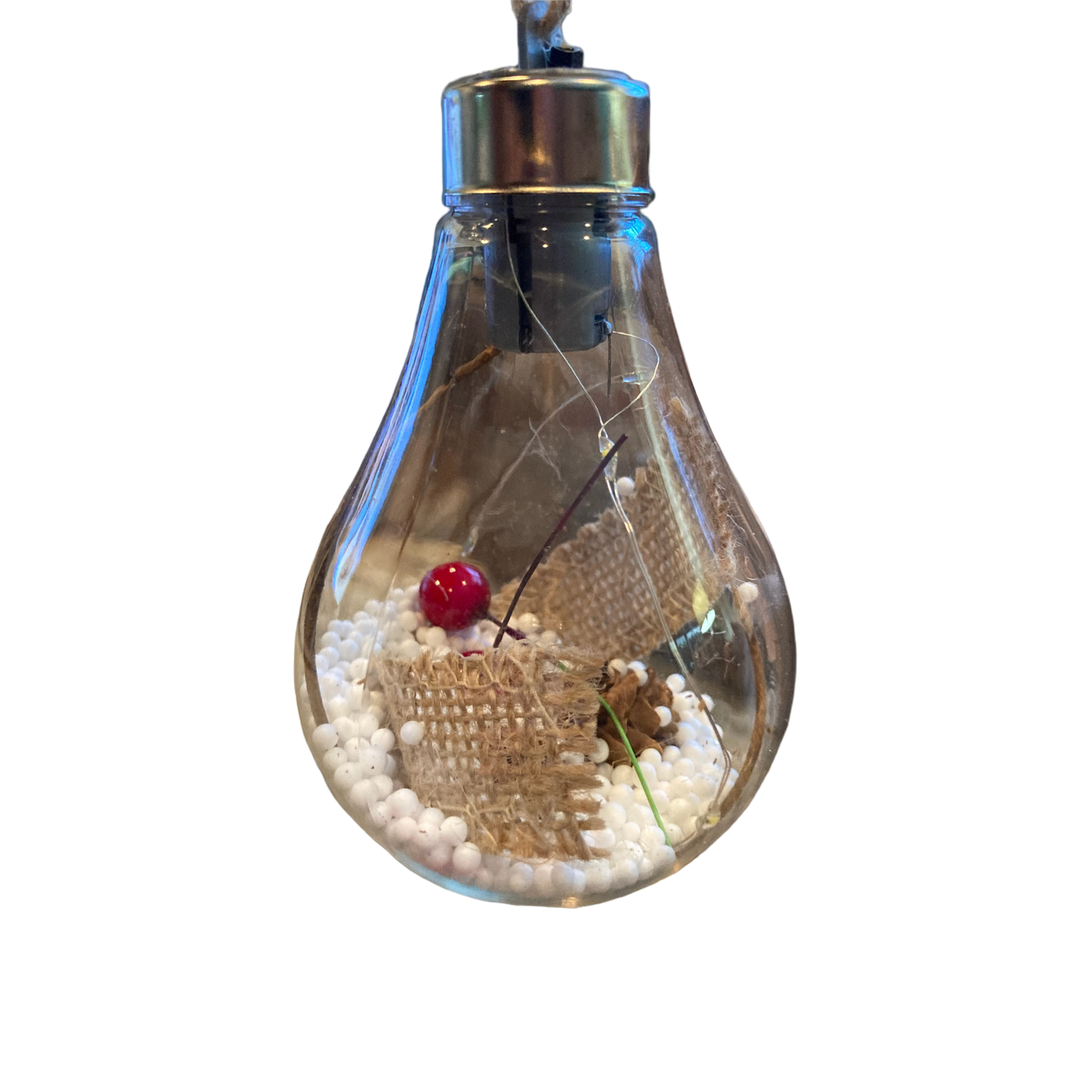 LED Lightbulb Ornament w/Berries & Burlap